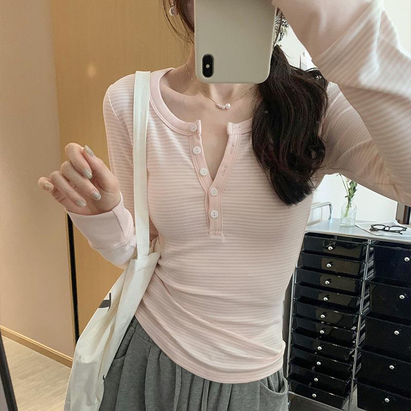 Korean Style Pure Desire Striped Slim-Fit Long-Sleeve T-Shirt for Women - 2026 Spring Collection Medium розовый