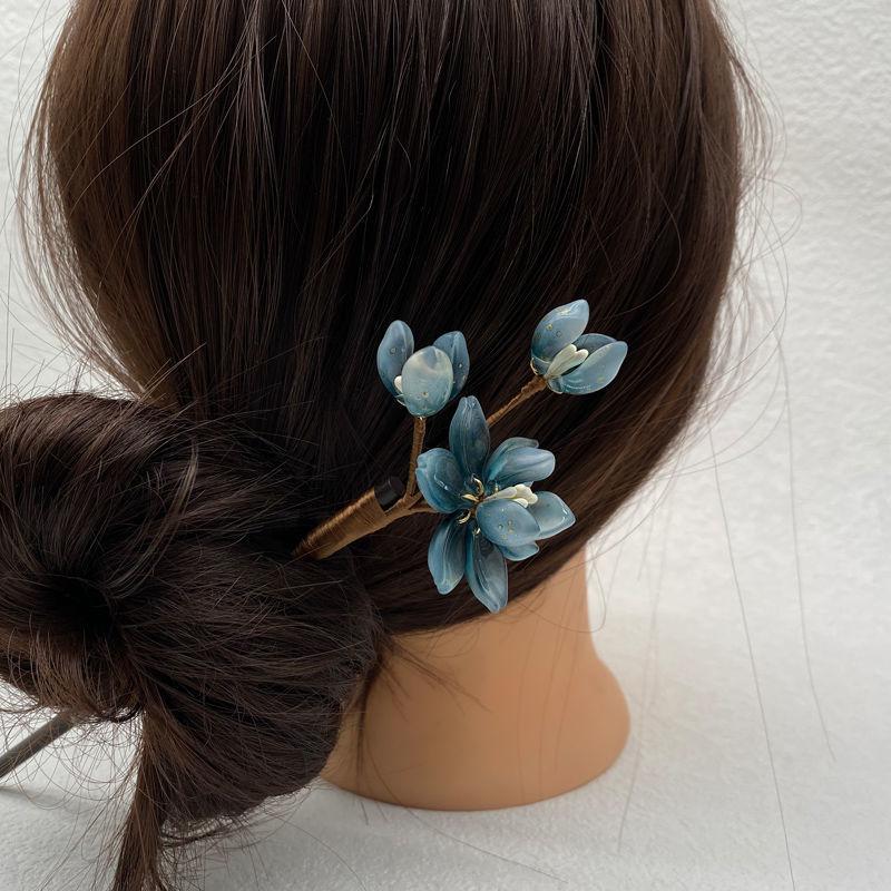Tuiying003 Women's Blue Flower Hair Stick Fork Ancient Style Vintage Sandalwood Hair Clasp Cheongsam Decor Hair Bun Jewelry Chinese Headwear