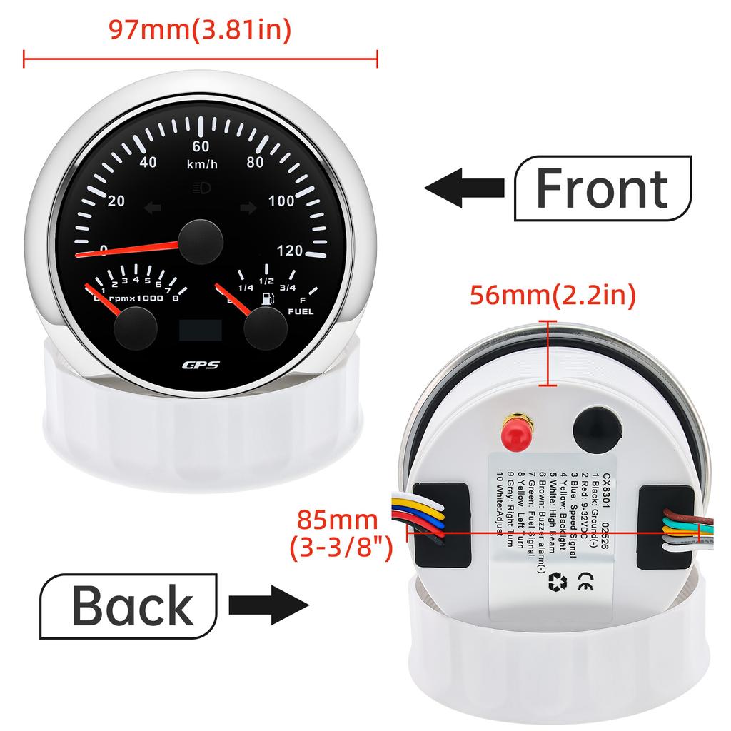 0-8000RPM Tachometer 85mm 3 in 1 Multifunctional  GPS Speedometer KMH MPH Fuel Level Meter 7 Colors Backlight 9-32V