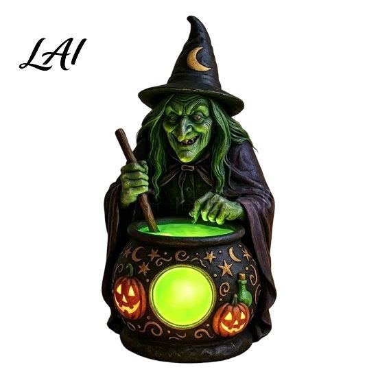 Halloween Table Centerpiece Gothic Witch Lantern Resin Tabletop Decor with Warm Glow Spooky Home Light for Shelf Desk Party Haunted House Ambiance