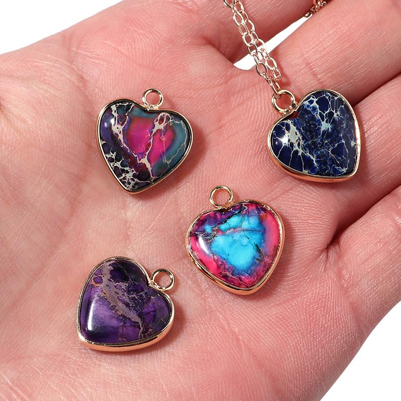 2pcs/lot Natural Emperor Stone Pendant Classic Heart Metal Frame Charms Necklace Accessories For Women Gift Diy Jewelry Finding