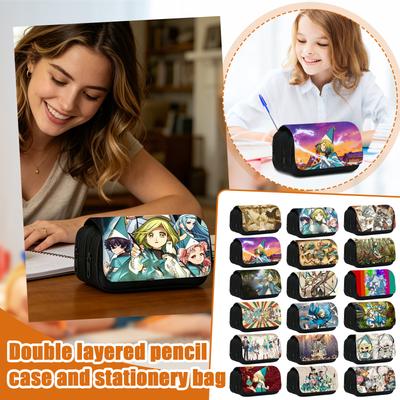Double Layer Pencil Case Large Capacity School Stationery Bag with Zipper Closure and Printed Design for Students and Office Use