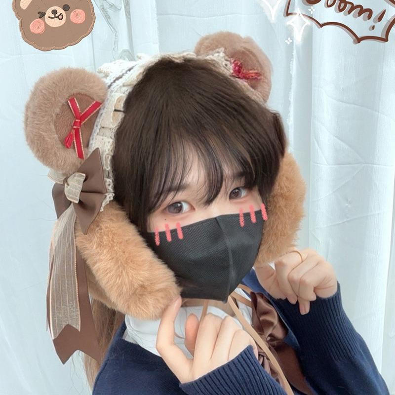 Original Lolita Cute Headband Ear Warm Multi-purpose Headband Bear Ear Earmuffs Earmuffs Autumn and Winter Warm
