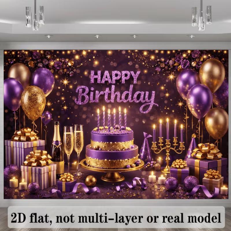 2D Purple Gold Birthday Banner Cake Table Background Photo Booth