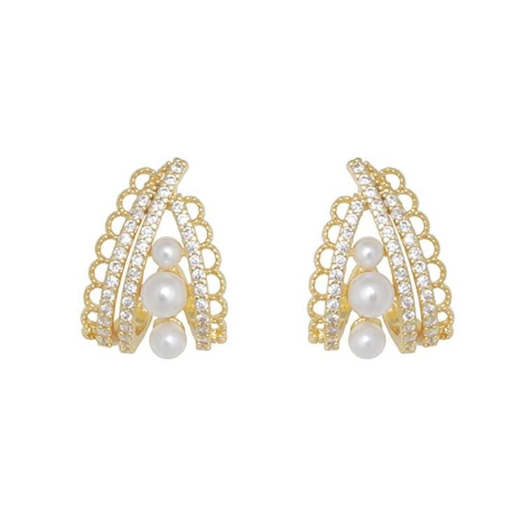 French Pearl & Zircon Earrings: Women's Light Luxury Lace Edged Studs, Hoops, and Clips.