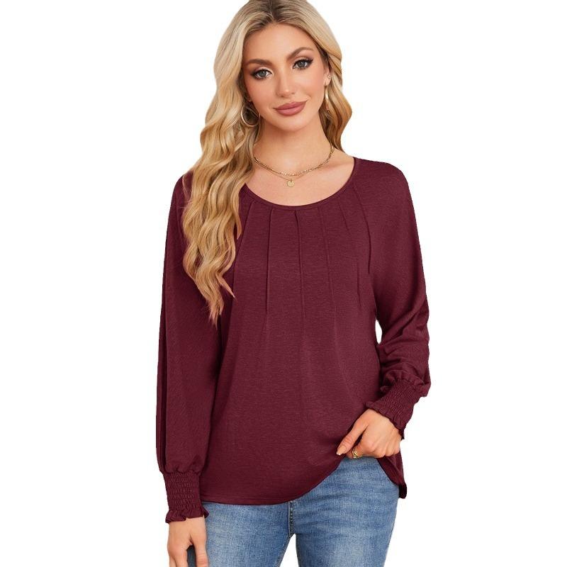 2026 New Women's Pleated Long Sleeve T-Shirt, Round Neck Casual Solid Color Blouse for Autumn Winter