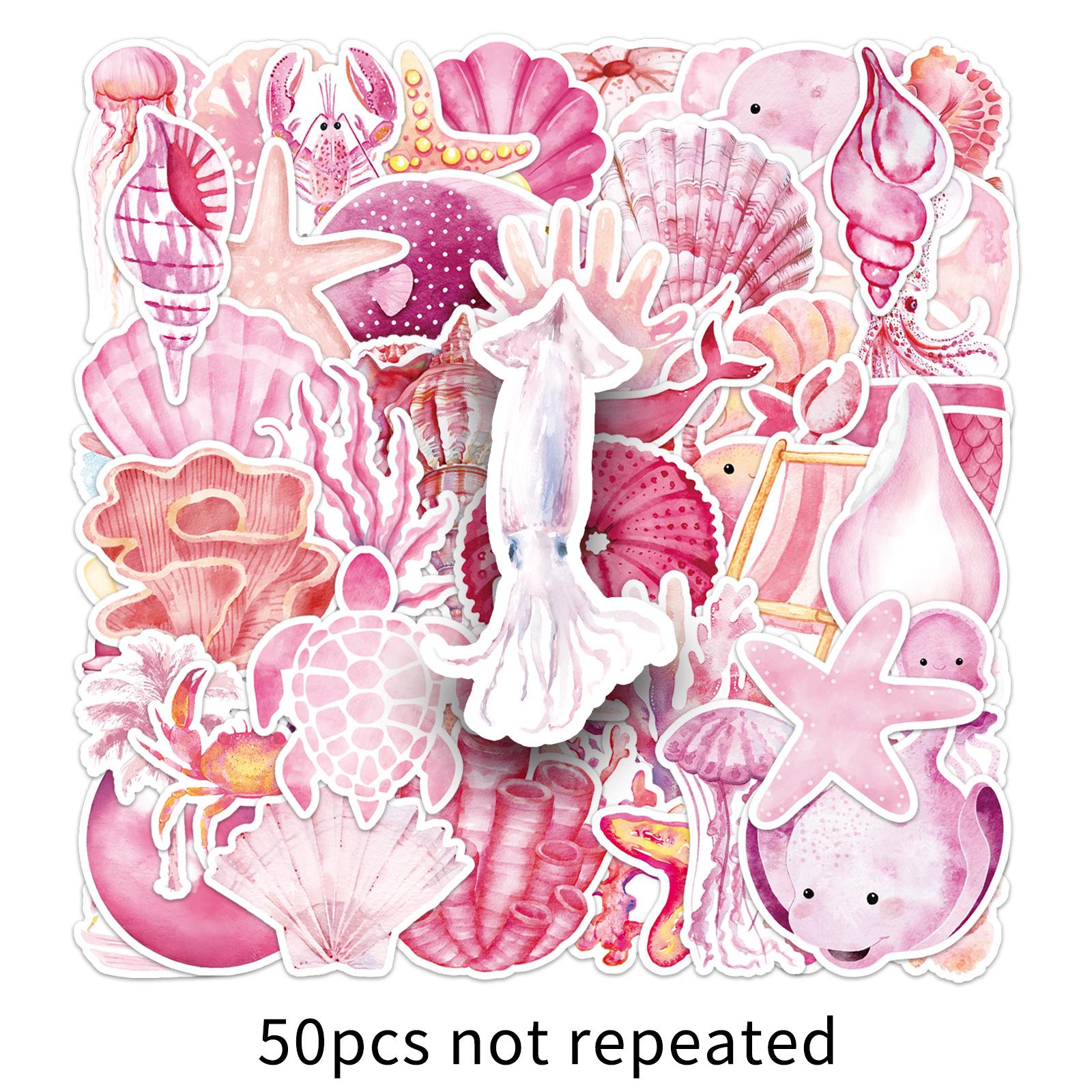 50 Pink Ocean Stickers: Cartoon Marine Life with Jellyfish & Shells - Notebook & Planner Decor