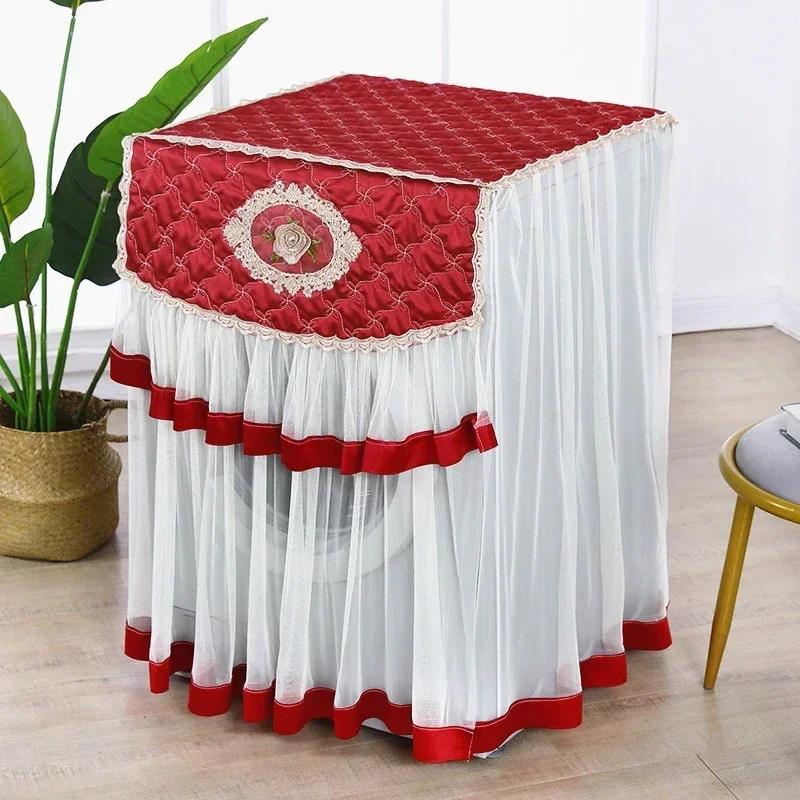Washing Machine Cover Universal Washing Machine Cover with Roller and Wave Wheel Upflip Washing Machine Dustproof Lace Cover