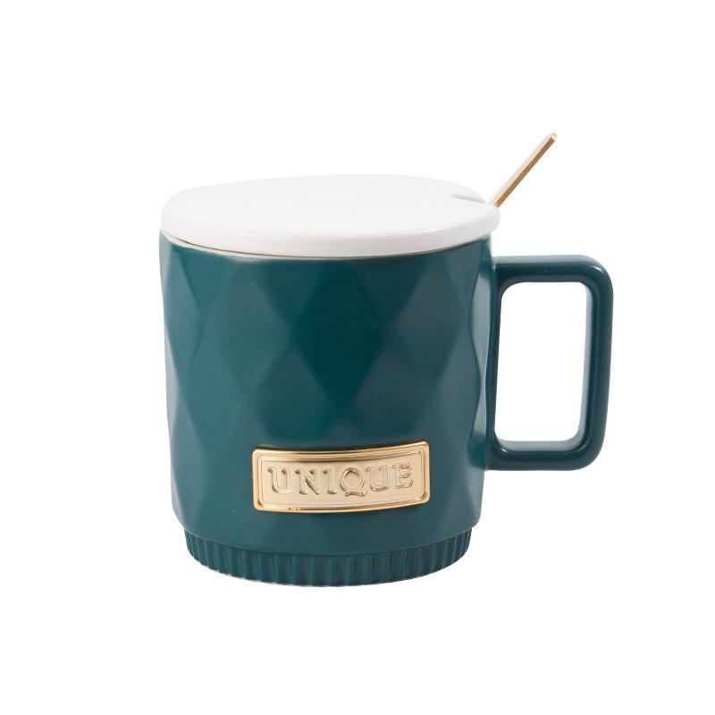 Cross Border Nordic Diamond Diamond Lattice Ceramic Mug Simple White Tie Lid Spoon Coffee Mug Office Home Cup