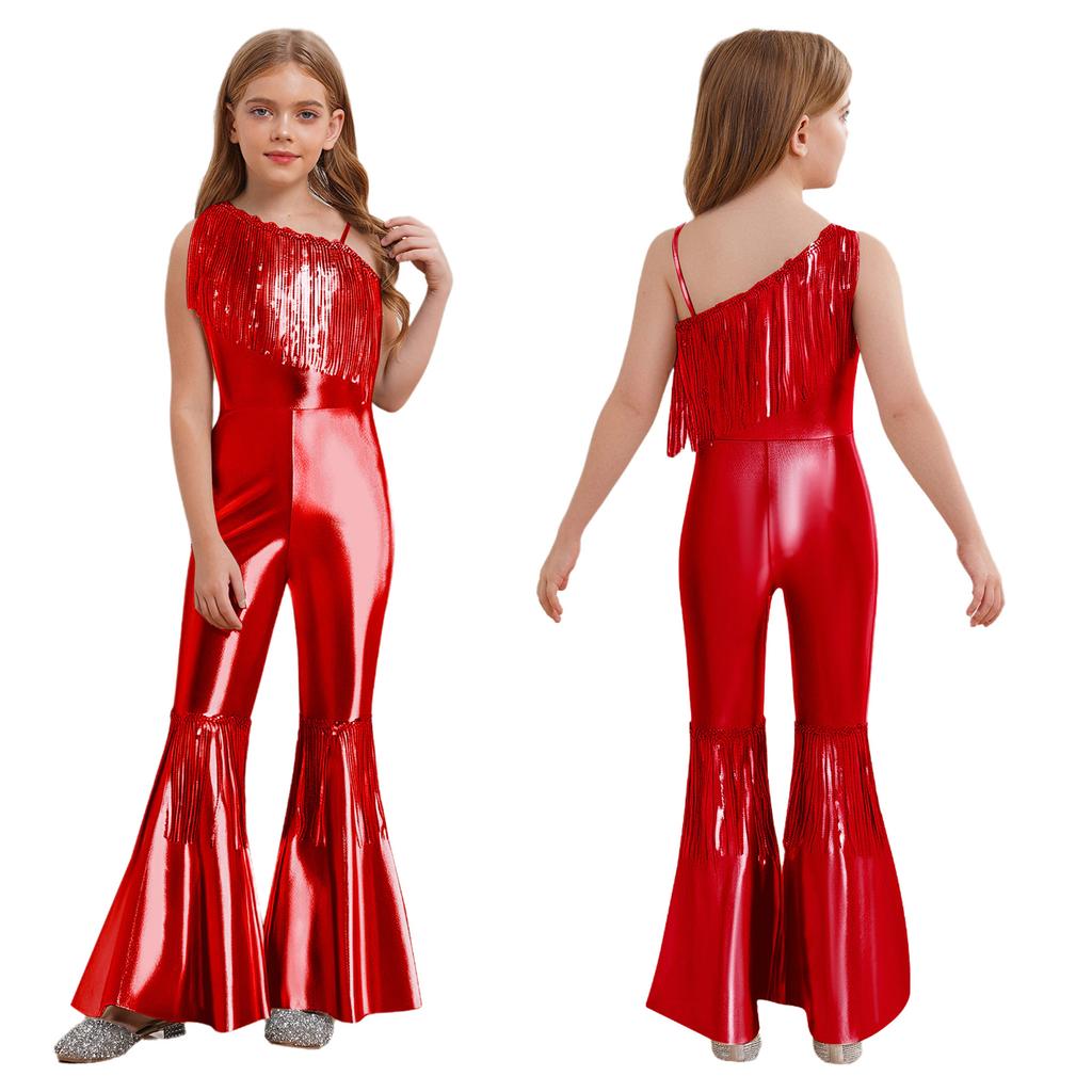 Kids Sparkly Jumpsuit Off-shoulder Sleeveless Sequin Tassels Flared for Pageant Show