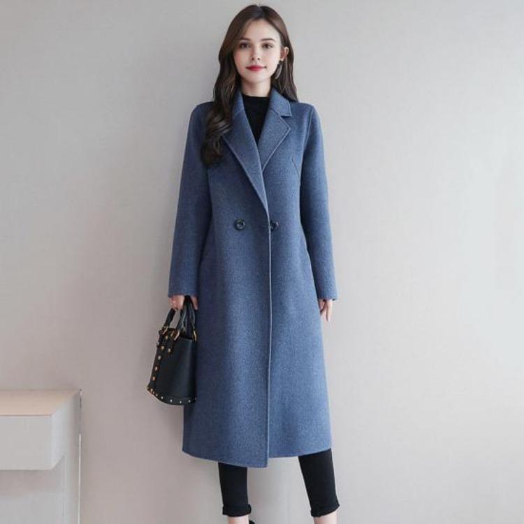 Thermal Winter Coat Women Double Breasted Overcoat Turn Down Collar Long Sleeved Loose Fit Jacket Solid Color Pockets Commuting Dating Spring Fall