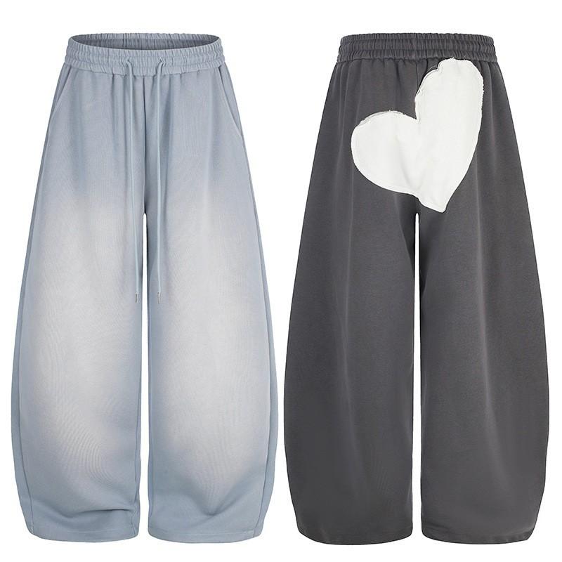 Mens Drawstring Sweatpants 2026 Vintage American Style Wide Leg Pants With Heart Patch Embroidery Casual Trousers