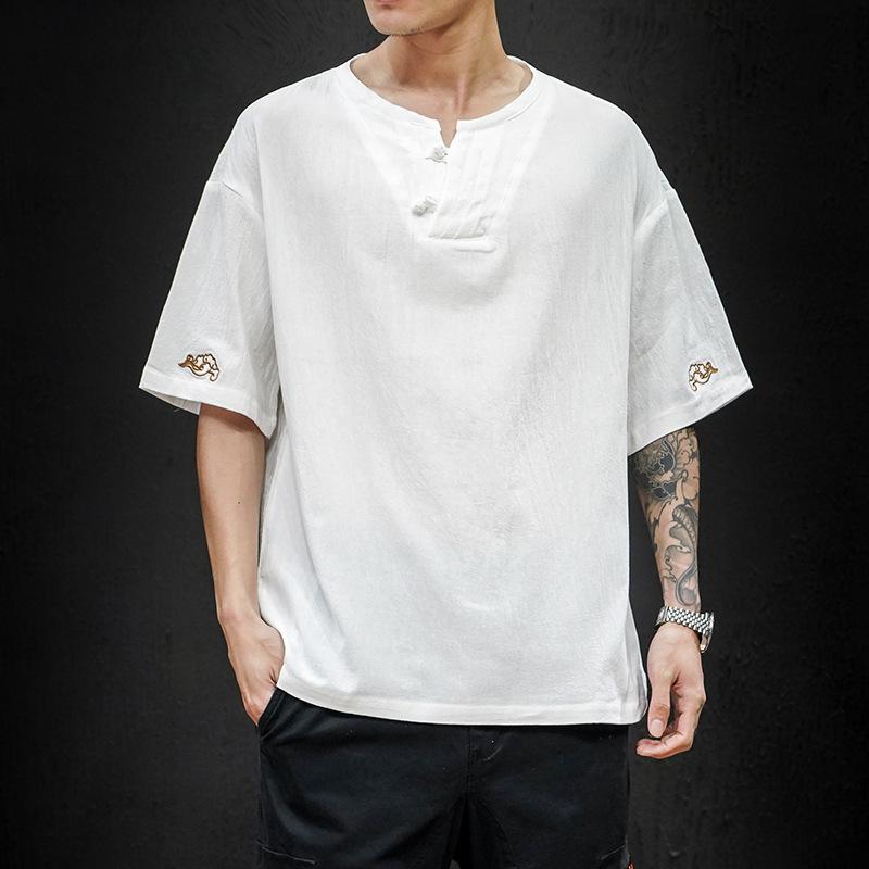 Men's Imitation Cotton Linen Style Loose Short Sleeve T-shirt Solid Shirts Casual Top Tee Shirt