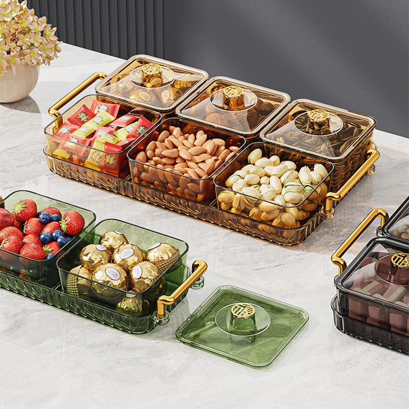 2/4/6 Grid Acrylic Snack Platter With Lid Fruit Plate Partition Platter Living Room New Year Dried Fruit Tray Candy Storage Box