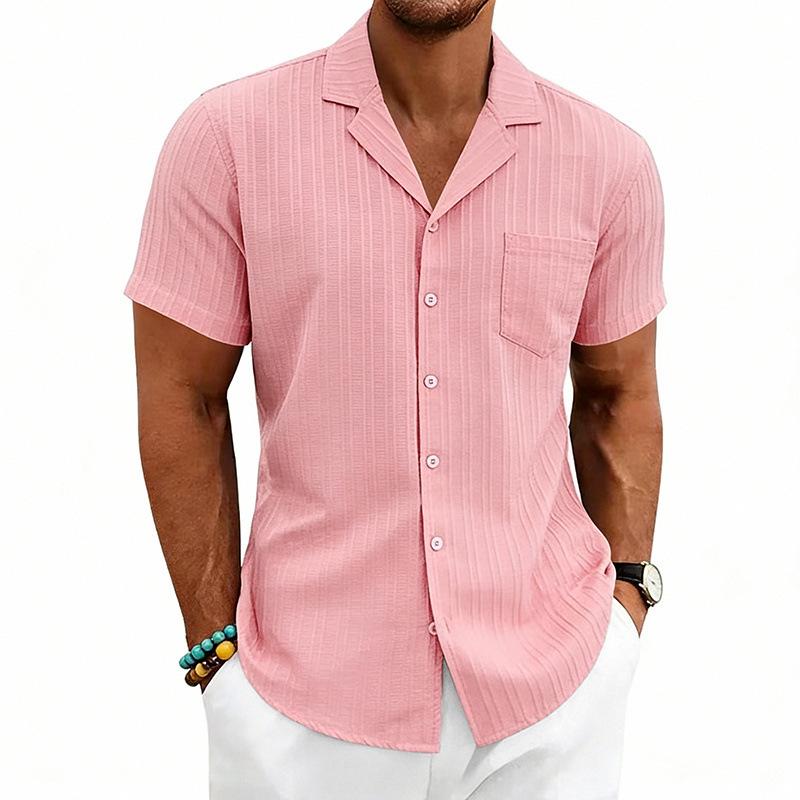 

Loose Cuban Collar Short Sleeve Shirt Men s Summer Casual Solid Color Beach Shirts Men S рожевий
