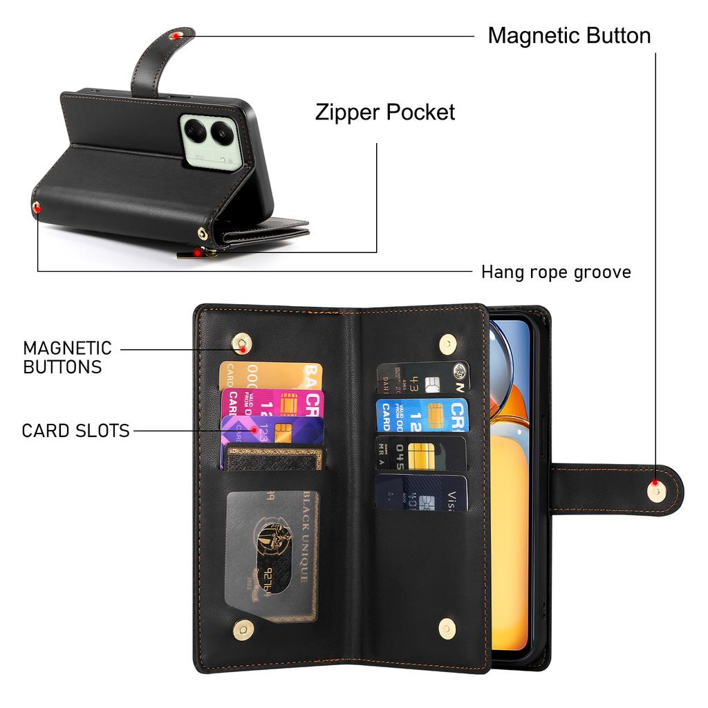 DF-011 For Xiaomi Poco M6 5G/Redmi 13R 5G/13C 5G/13C 4G/Poco C65 4G Case Zipper Wallet Leather Cover