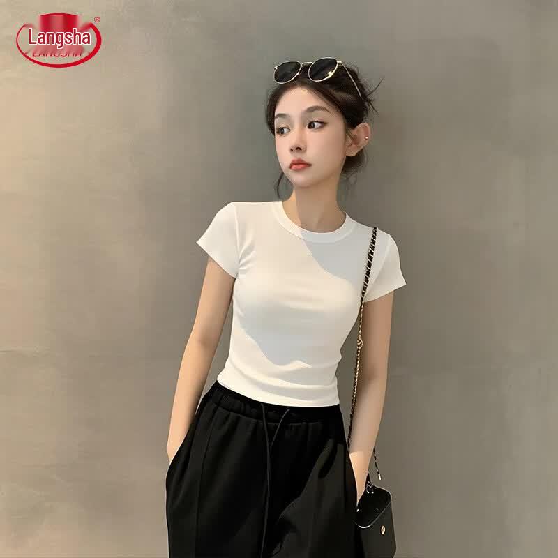 Langsha Women s Summer Round Neck Short Sleeve T-Shirt L