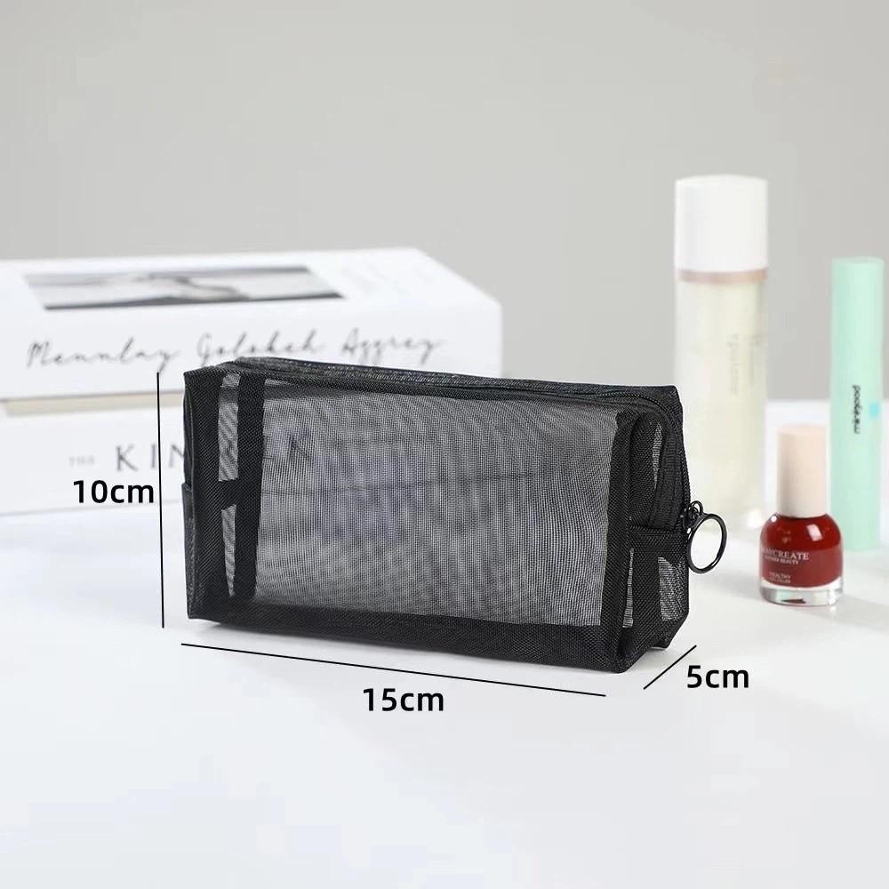 New Black Mesh Cosmetic Bag Zipper Closure Portable Toiletry Bag Clear Mesh Multi-functional Storage Pouch Travel Use