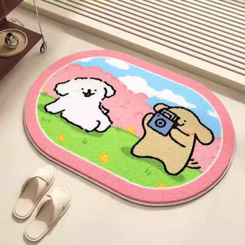 Cartoon Lines Puppy Imitation Cashmere Floor Mat Household Toilet Bathroom Water Absorbent Non-slip Foot Mat Toilet Door Carpet