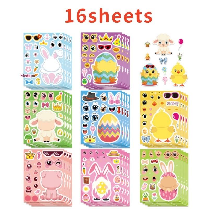 8/16 Sheets Cartoon Easter Eggs Puzzle Stickers Make Your Own Kawaii Chick Cow Rabbit Decals Children Jigsaw Toys For Kids Gift