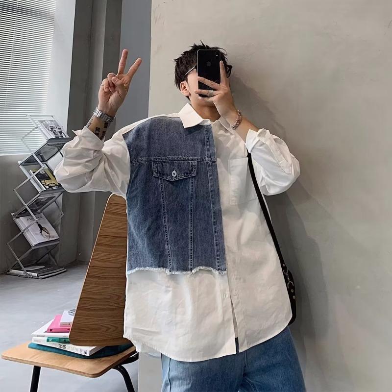 

Men s Denim Patchwork Long Sleeve Shirt Casual Asymmetrical Loose Fit Streetwear Top M белый