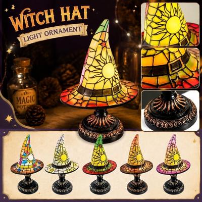 Stained Glass Style Witch Hat Table Lamp with Decorative Base for Indoor Use Halloween Themed Lighting Accent Piece