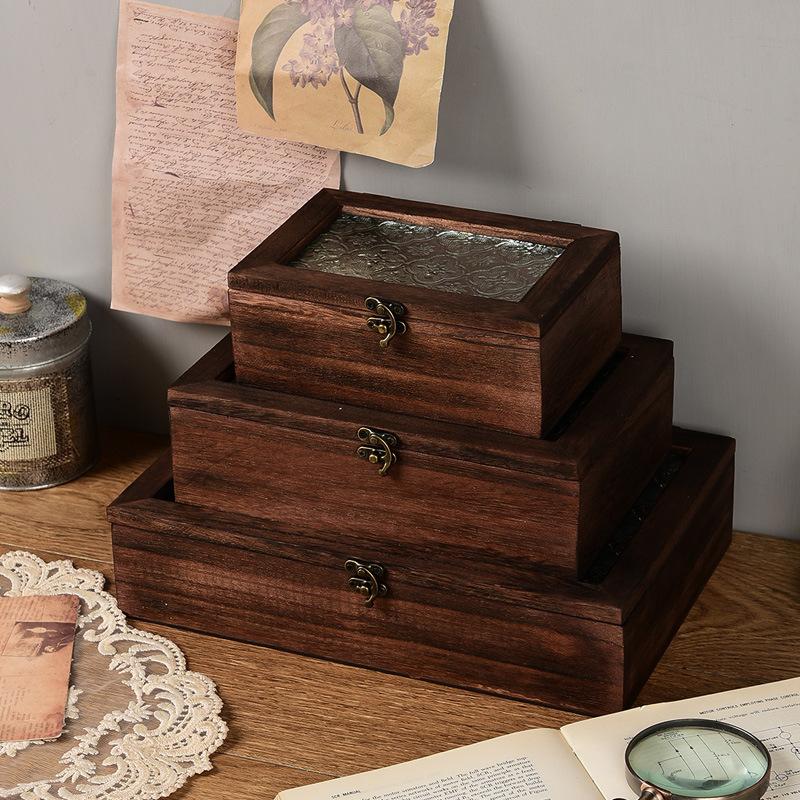 Wood Glass Jewelry Cosmetics Display Case Accessories Storage,Vintage Wooden Storage Box with Metal Clasp and Glass Top Lid