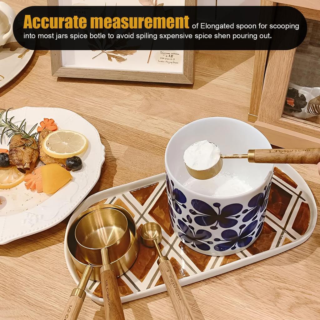 SHIKORI Gold Measuring Cups and Spoons Set with Wood Handles, Premium Stainless Steel Measuring Spoons and Measuring Cups Set-Gold