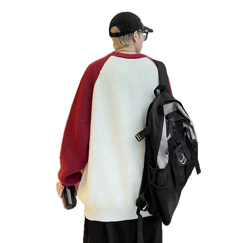 Men’s Retro American Style Raglan Sleeve Color Block Knitwear Jacket