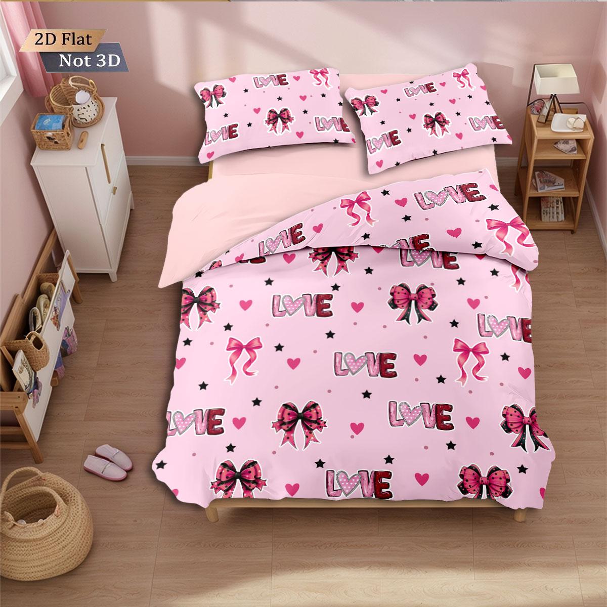 

Comforter 3Pc Valentine S Day Pink Bow Print Coreless Down Multiple Sizes Soft Bedroom Bedding Decoration Machine Washable Comforter (quilt)-EU Single(135*200cm)3pcs