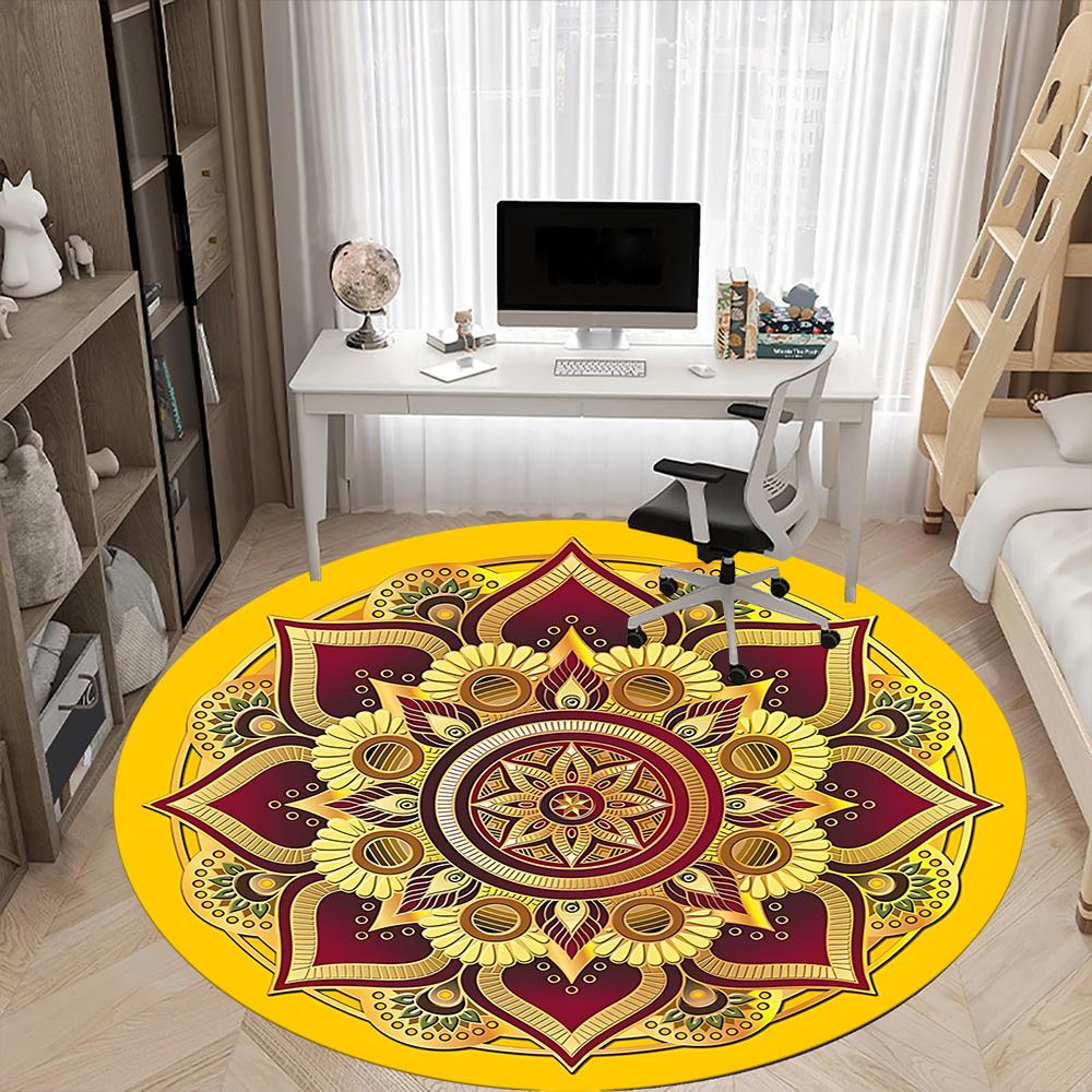 1pc Golden Mandala Pattern Chair Carpet for Office, Round Polyester Mat, Indoor Decor for Office, Easycare Fabric, Washable Non-slip Area Carpet