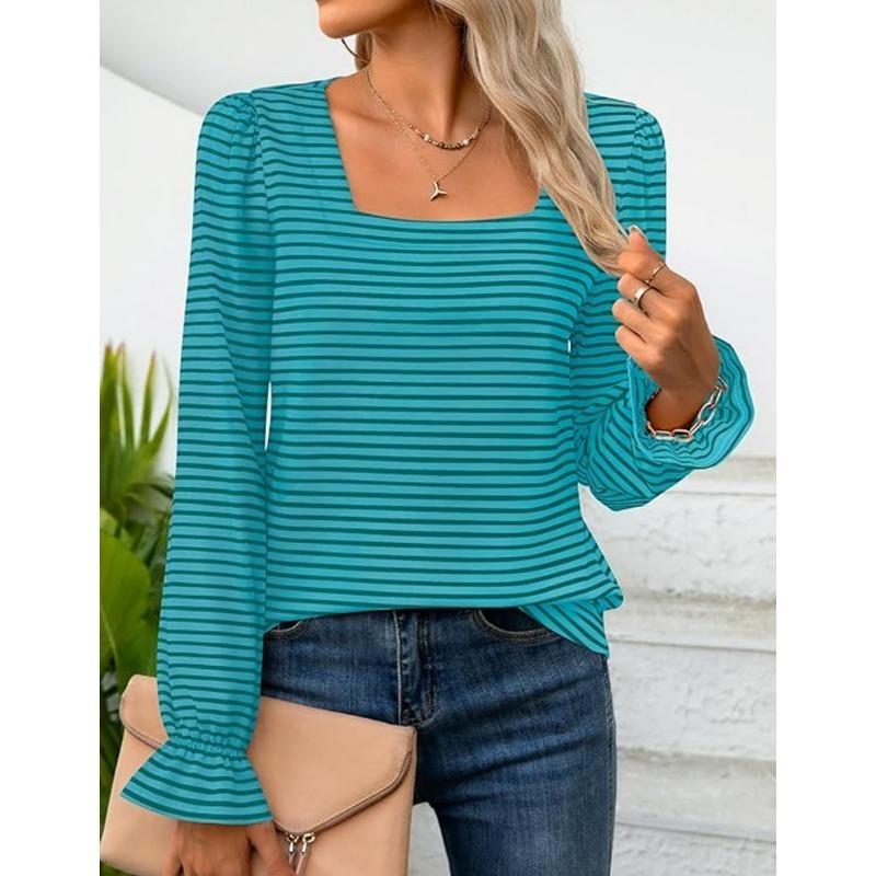 

INDFS Женская мода Повседневный полосатый принт Весна Осень Пуловеры с длинным рукавом и квадратным вырезом XXL павлин голубой