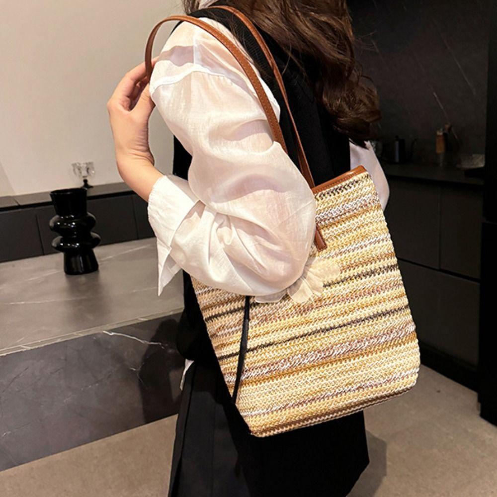 Bohemian Style Rainbow Woven Handbag with Flower Pendant Summer Bucket Bag  Shopping