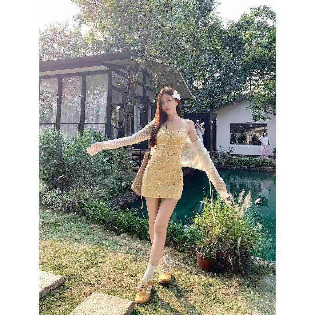 Elegant Yellow Strappy Dress & Cardigan Set - Women’s Slimming, Padded Waist-Cinched French Style