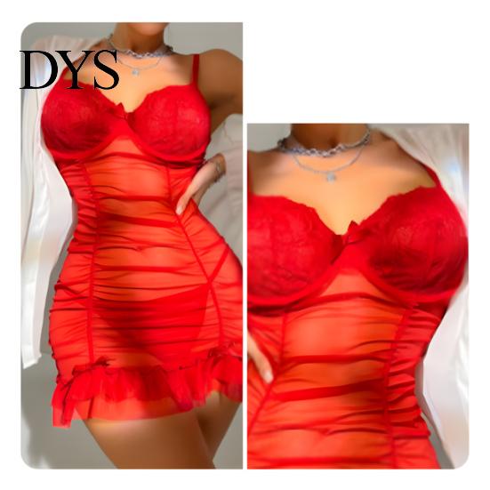 Lace Nightgown 2 Pcs/Set Nightdress Panties Set Spaghetti Strap Backless Sleeveless Nightwear Pleated Seductive Transparent Mesh Bow Ruffle