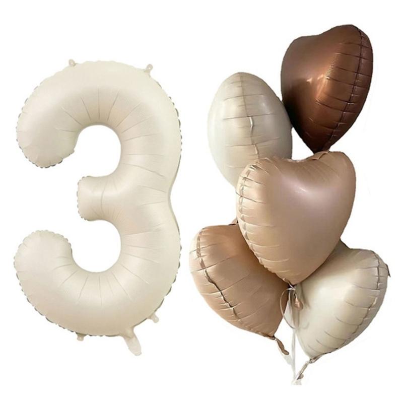 6Pcs Cream Color Number Balloon Set Beige Caramel Number 0-9 Balloon Foil Helium Ball Birthday Wedding Party Decoration