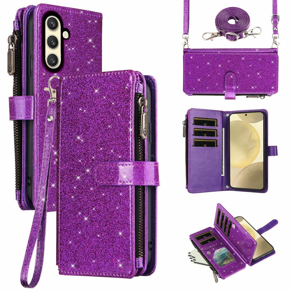 ASUWISH For Samsung Galaxy A54 5G Case 10 Card Holder Glitter Leather Phone Cover with Crossbody Strap