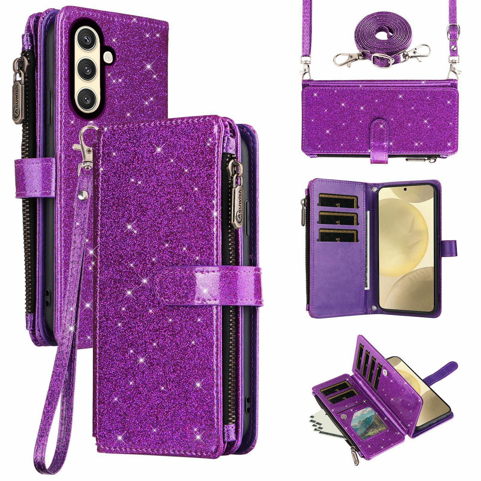 

ASUWISH For Samsung Galaxy S25+/S24+ Case 10 Card Holder Glitter Leather Phone Cover with Crossbody Strap