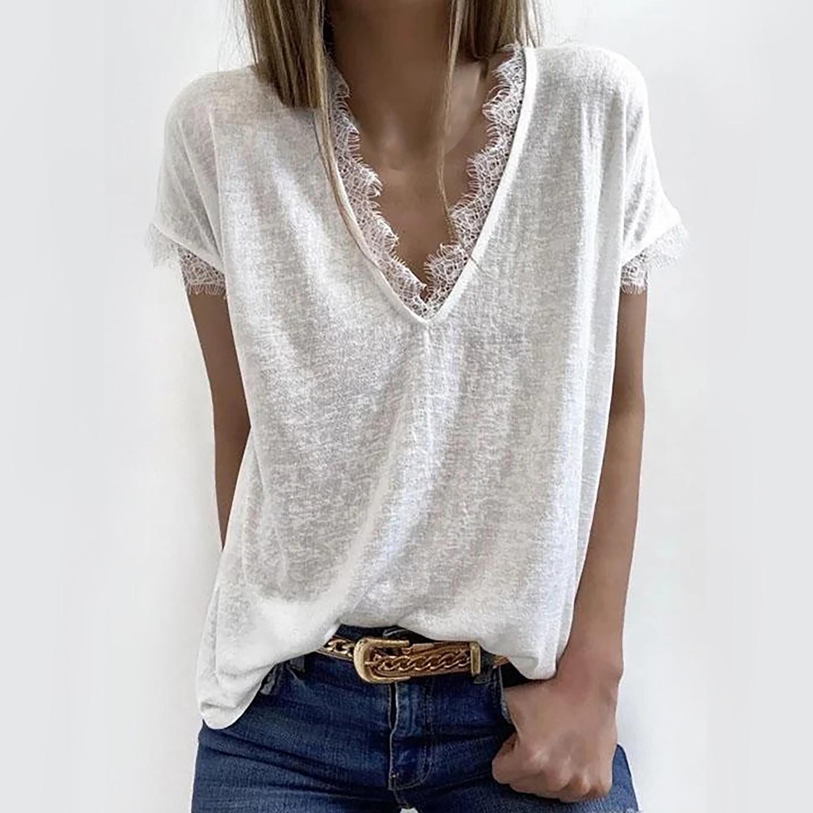 

Женские летние футболки с V-образным вырезом, однотонные, с коротким рукавом, кружевной вставкой, графическая блузка XL белый