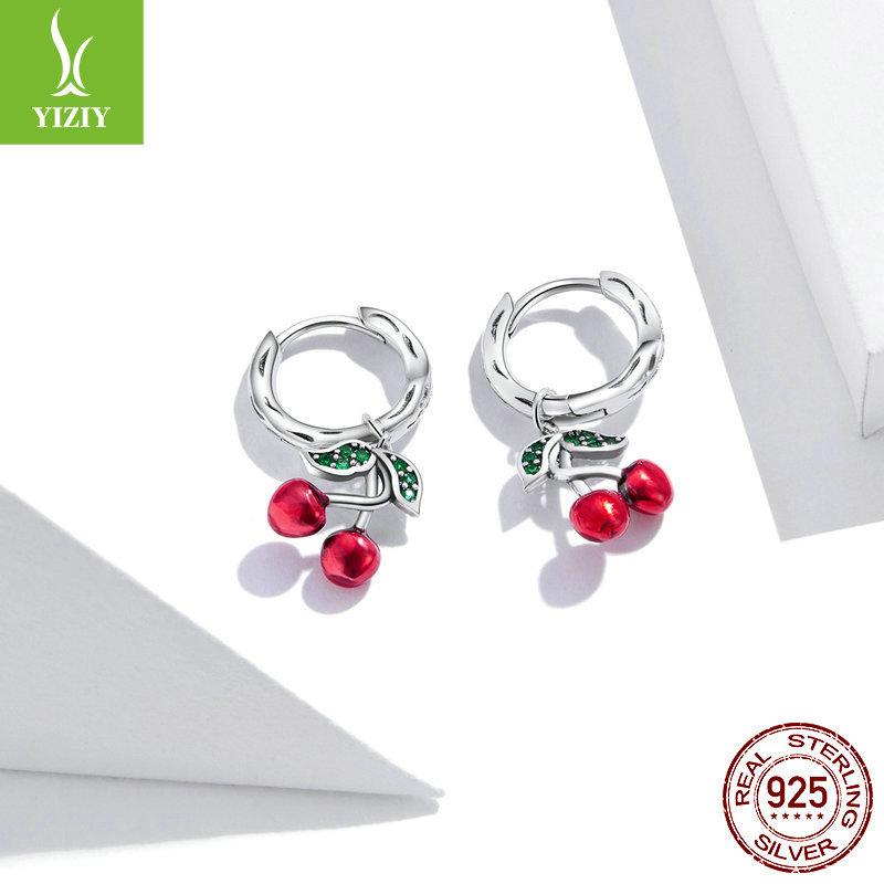 Sweet Cherry S925 Silver Earrings, Oil Drop Inlaid Zircon Stud Earrings Sce905