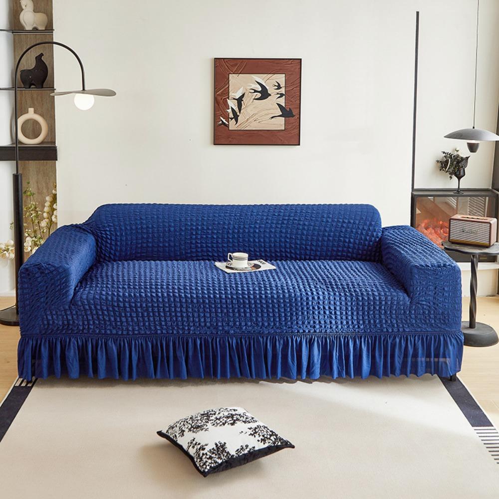 Premium Thick Bubble Gauze Sofa Cover Full Elastic Lace Trim Skirt Design All Season Stretchable