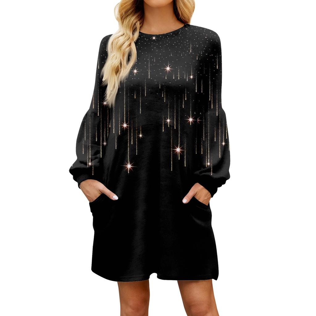 Fashionable Ladies Star Print Autumn Long Sleeve Casual Loose Dress