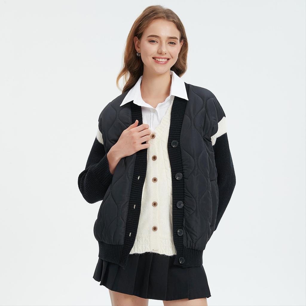 DIMANAF 2025 Mantel Damen Pullover Patchwork Wattiert Knöpfe Mantel Strickjacke Fake Zweiteiler Lockerer Pullover