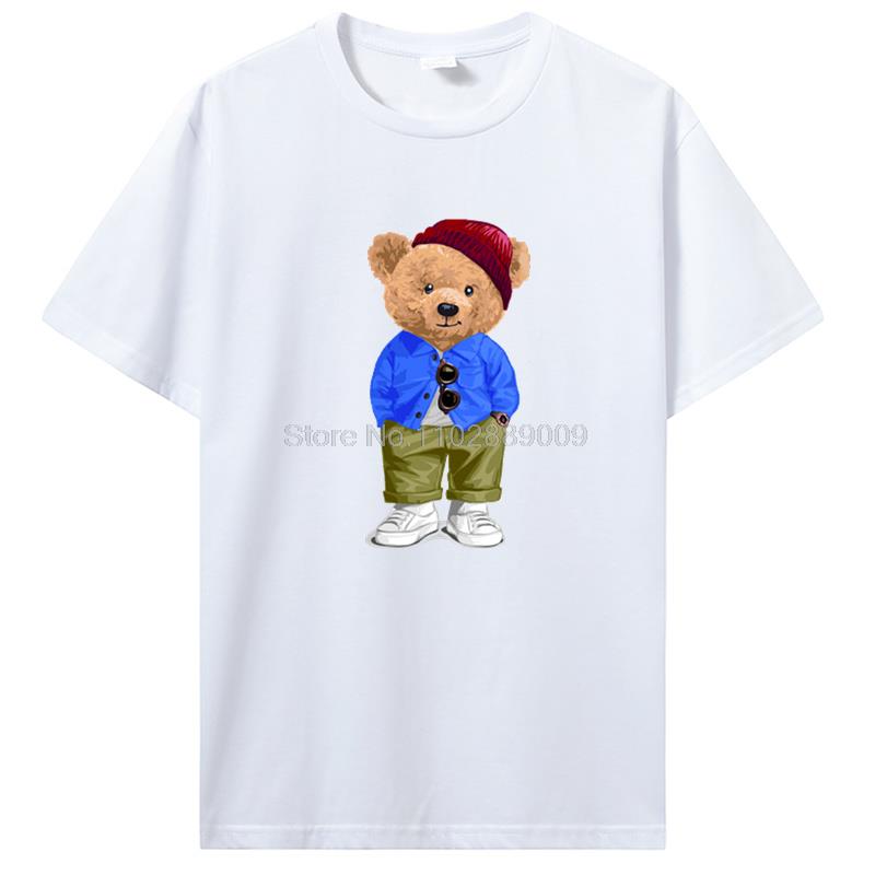 Teddy Bear Playing Badminton Tshirt Men's Clothing Tops Graphics Kawaii Shirt T Shirts For Men Cotton T-shirt Streetwear