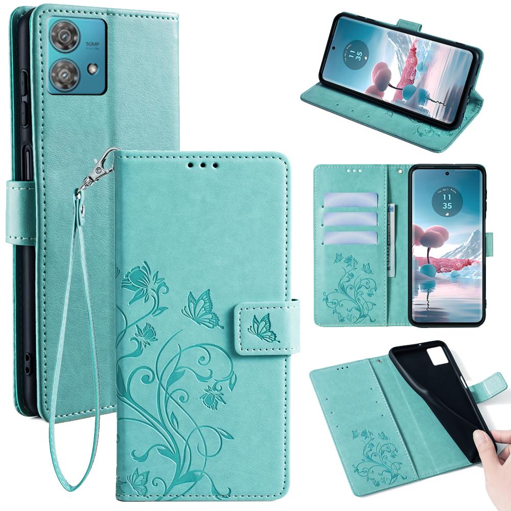 Für Motorola Edge 40 Neo 5G Handyhülle mit Handschlaufe Leder-Klapphülle mit Schmetterling-Blumen-Prägung