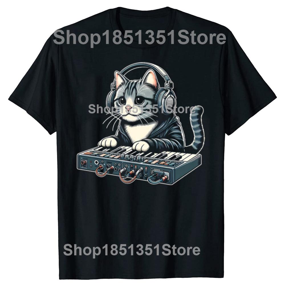 Funny Cat Synthesizer Music Synth Electro Techno Graphic Tshirts Men Fashion Casual Tshirt 100 Cotton Loose Oversized T Shirt
