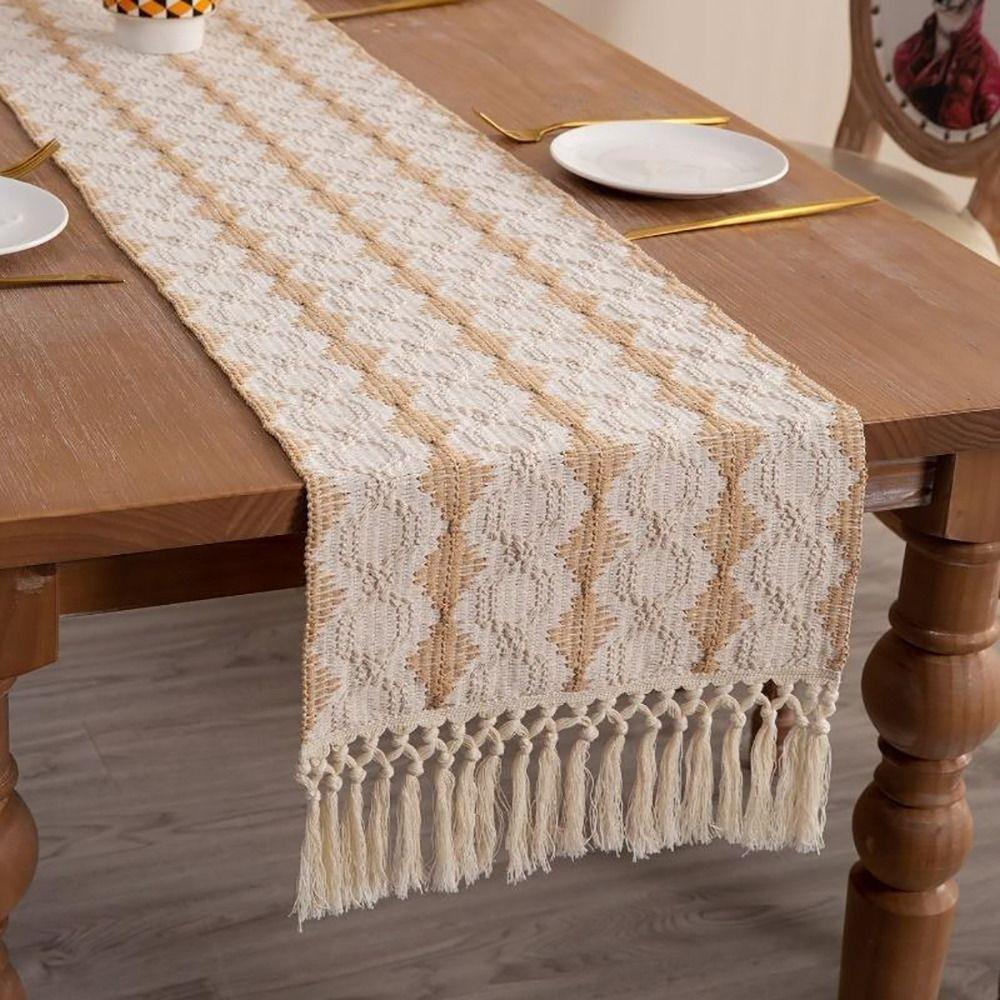 1Pcs Cotton Linen Table Runner Farmhouse Rustic 30x120cm 30x160cm Tablerunner with Tassels Cream Brown Macrame Burlap