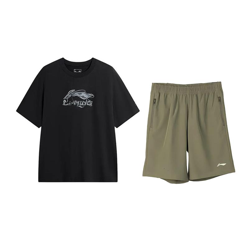 

Футболка с круглым вырезом и короткими рукавами с принтом логотипа Li Ning, модные свободные универсальные шорты, повседневный спортивный комплект, унисекс комплекты AHSVD57-1+AKSV841-1 S