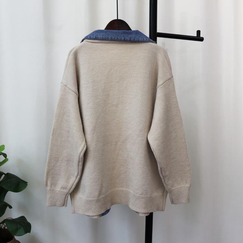 Autumn and Winter New Denim Splicing Sweater Jacket Women's Design Sense Loose Casual Versatile Knitted Cardigan