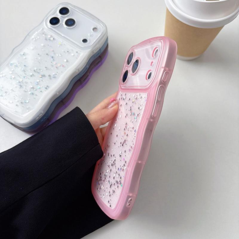 Glitter Star Sequins Wave Edge Clear Case For iPhone 17 Air 16 16E 15 14 13 12 11 Plus Pro Max Lens Protective Silicone Cover